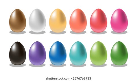 Colorful easter eggs vector graphic. Realistic Easter eggs of different colors. Glossy gradient eggs. Red, Gold, Silver, Black, Green, Blue, Pink. Easter holiday egg hunt realistic decoration.