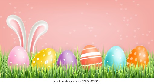 Colorful Easter eggs Vector realistic. Spring holiday banner. 3d detailed poster templates