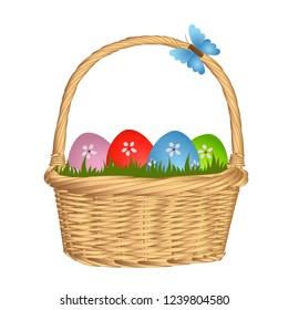 Colorful Easter eggs in wicker basket. Vector illustration. Isolated on a white background.