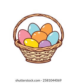 Colorful Easter Eggs in a Wicker Basket - Springtime Vector Illustration for Greeting Cards