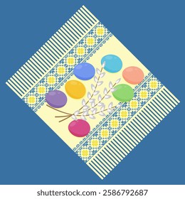 Colorful Easter eggs and willow twigs on tablecloth with blue and yellow colors embroidery pattern. Happy Easter spring holiday design element, top view flat style vector illustration.