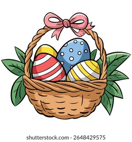 Colorful Easter eggs in woven spring basket isolated vector illustration on white background
