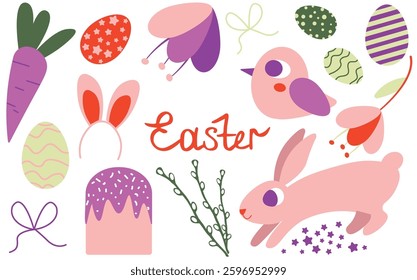 
Colorful Easter Elements with Bunny, Eggs, and Spring Themes. Vibrant illustration featuring Easter-related icons such as a bunny, eggs, chicks, and flowers. Perfect for seasonal designs, festive 
