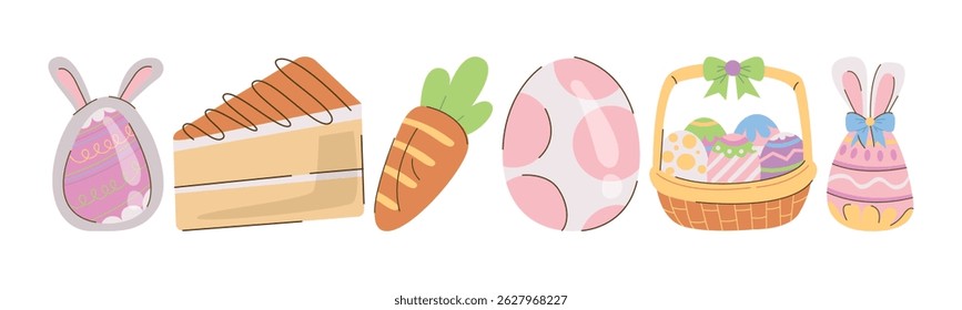 Colorful Easter elements featuring Easter eggs, carrot, cake, and a basket full of Easter eggs. Perfect for Easter celebrations, festive designs, and holiday-themed projects.