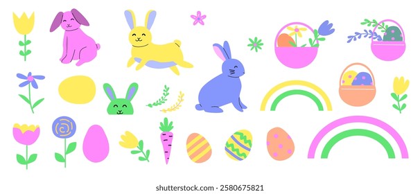 Colorful easter geometry set with bunnies, eggs, and flowers for seasonal design.