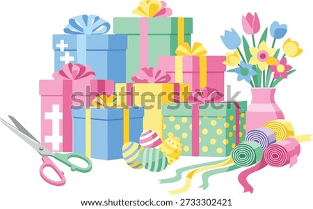 Colorful Easter gift boxes with wrapping supplies and spring decorations arranged in a festive flat vector style on white background.