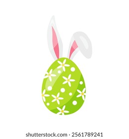 colorful Easter green egg, with flowers, with bunny ears. hand drawn. vector