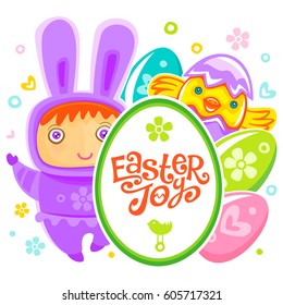 Colorful Easter Greeting Card with child bunny and frame with Happy Easter text lettering. Rabbit baby, eggs and chicken. Use it as banner, invitation to egg hunt. Vector isolated on white background