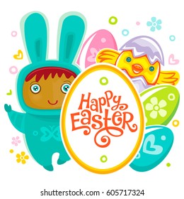 Colorful Easter Greeting Card with child bunny and frame with Happy Easter text lettering. Rabbit baby, eggs and chicken. Use it as banner, invitation to egg hunt. Vector isolated on white background