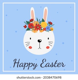 Colorful Easter greeting card. Cute face of white hare with wreath of flowers on its head. Template for posters and postcards with frame. Cartoon flat vector illustration isolated on blue background
