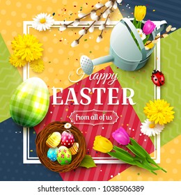 Colorful Easter greeting card with Easter decorations on colorful modern geometric background.