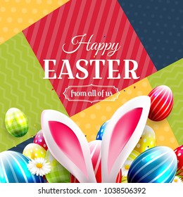 Colorful Easter greeting card with Easter eggs and bunny ears on colorful modern geometric background.