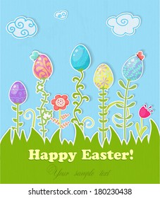 Colorful Easter greeting card with eggs, plants, flowers,butterflies, grass and clouds, paper stylized