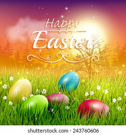 Colorful Easter greeting card with eggs in the grass