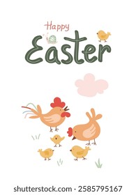 Colorful Easter greeting card featuring charming chicks celebrating the holiday with playful elements