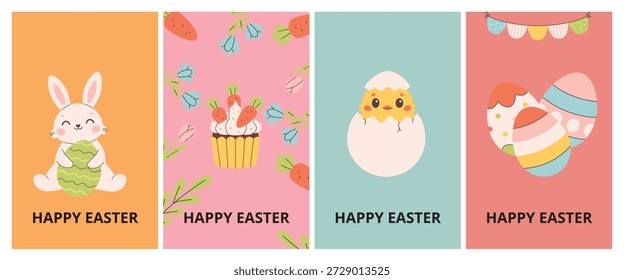 Eine bunte Ostergrußkarte mit einem Hasen, Cupcake, Ei und dekoriertem Ei auf separaten Tafeln mit Happy Oster Text