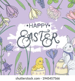 Colorida tarjeta de felicitación de Pascua. Volante de Pascua con conejo, pollos y flores