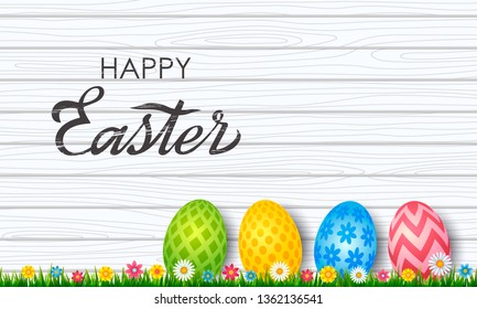 Colorful Easter greeting card. Easter painted eggs with ornament, on wooden background with green grass and flowers. vector illustration