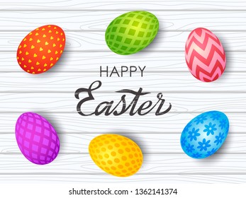 Colorful Easter greeting card. Easter painted eggs with an ornament on a wooden background with hand-made retro inscription. vector illustration