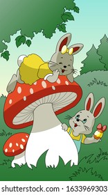 Colorful Easter Greeting card with rabbits and egg