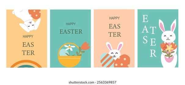 Colorful easter greeting cards with bunnies and flowers.