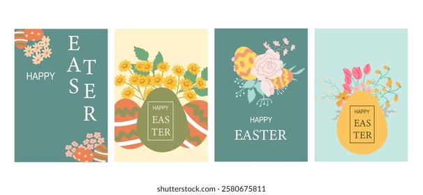 Colorful easter greeting cards with floral and egg designs.