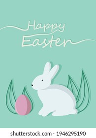 Colorful Easter Greeting Cards with Rabbit. Happy Easter banners. Fashionable Easter design, hand strokes and dots, in pastel colors. Modern minimalist style. Vector illustration