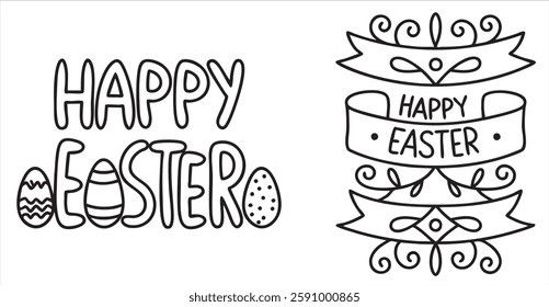 Colorful Easter greeting design with eggs and decorative elements.