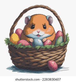 Ilustración colorida del vector de la cesta de hámster de Pascua