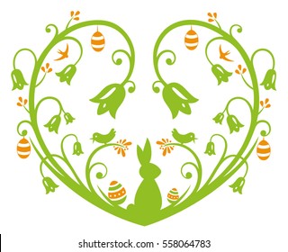 Colorful Easter heart with Easter bunny and eggs, green and orange