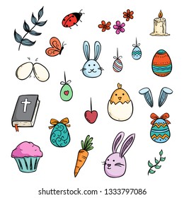 colorful easter icons collection with cute doodle style