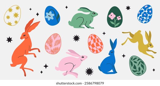 Colorful Easter illustration of decorative eggs and differents playful rabbits in vibrant modern style with floral, geometric, doodle patterns. Flat vector elements. Festive cheerful holiday design