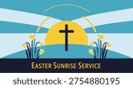 Colorful Easter illustration featuring bunny, cross, church, and decorated eggs, celebrating Christian Easter holiday with a joyful spring theme.