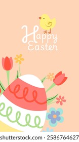 Colorful easter illustration featuring a decorated egg, a cheerful chick, and vibrant flowers, all celebrating the joy of easter