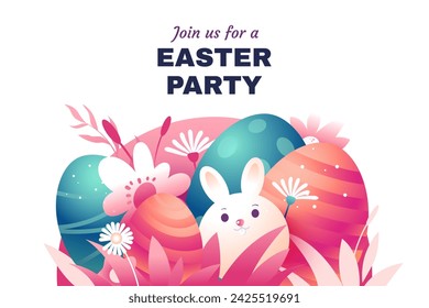 Colorful Easter illustration isolated on white background. Cute Easter composition with funny bunny, colored eggs and spring flowers. Cartoon style. Ideal for greeting card, banner, poster.