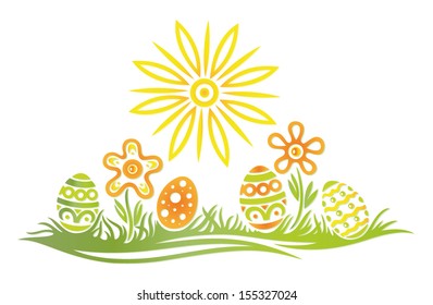 Colorful easter illustration, meadow with easter eggs.