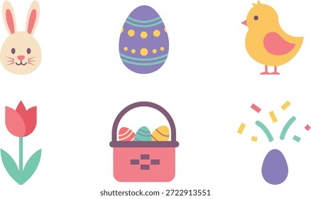 Colorful Easter illustrations featuring a bunny, egg, chick, tulip, basket, and spring flowers on a black background.