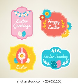 Colorful Easter labels with flowers and eggs in Red, Yellow, Blue and Pink. Perfect for greeting cards and holiday invitations