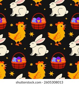 Colorful Easter pattern featuring rabbits, chickens, and decorated baskets on a dark background