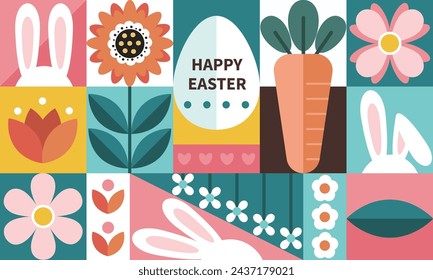 Póster colorido del modelo de Pascua. Estilo abstracto geométrico moderno. Set ilustraciones vectoriales Huevos de Pascua, conejo, zanahoria y flores. Postal impactante plana de estilo minimalista dibujada a mano.