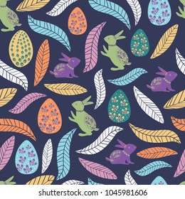 Colorful easter pattern with rabbit, egg, and leaves for kids. Cute and bright pattern for brand who has fun and happy style. Repeated pattern. Suits for kids/children pattern.
