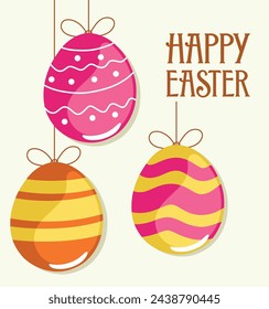 Colorful Easter Postcard with Bright Eggs Hanging