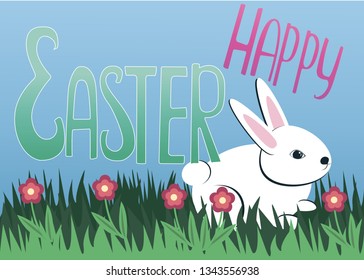 Colorful Easter postcard with rabbit in the grass.