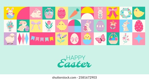 A colorful Easter poster with a variety of Easter-themed images. The poster is green and features a bunny, a carrot, a bird, and a wreath. The poster is titled "Happy Easter"