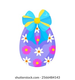 colorful Easter purple egg with flowers, with a blue bow and ribbons. hand drawn. vector