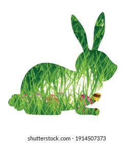 colorful easter rabbit, grass, flowers and blue egg shape. Happy easter greeting card template.