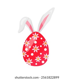 colorful Easter red egg, with flowers, with bunny ears. hand drawn. vector