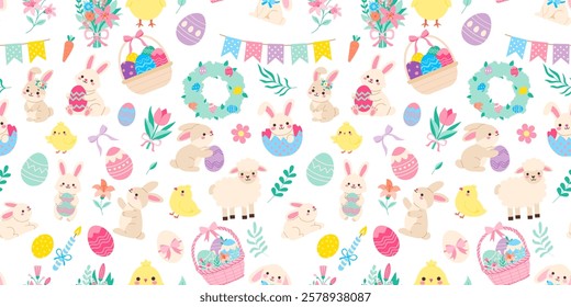 A colorful Easter scene with rabbits, chickens, and eggs. The image is a bright and cheerful display of Easter decorations