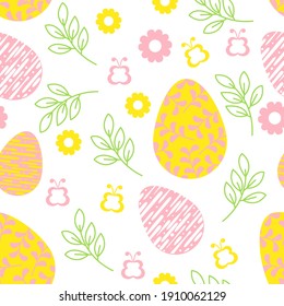 Colorful easter seamless pattern eggs greens butterfly. Isolated on white background