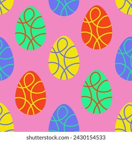 Colorful Easter seamless pattern with eggs in doodle style. Happy spring holiday background with textured elements. Bright vibrant color. Repeat vector illustration. Ornament wallpaper fabric card